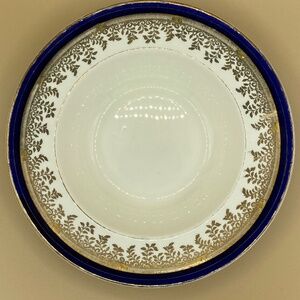 5x VTG Soup Bowls white bone chinA cobalt Band gold filigree rim Myott Royalty